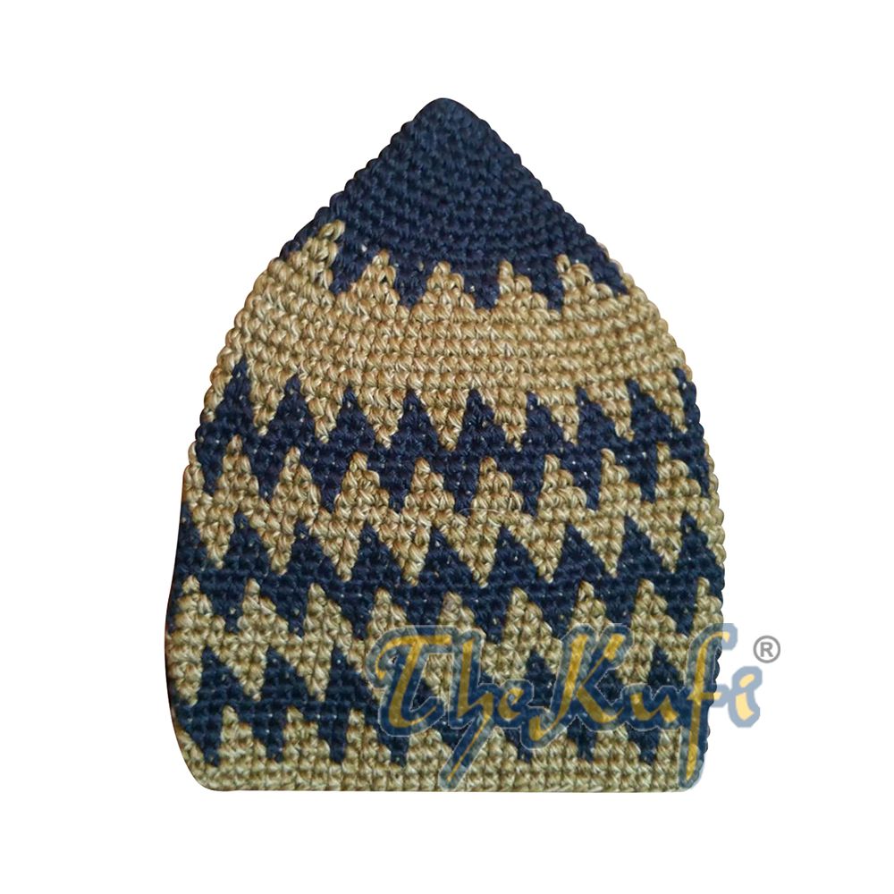 Kids Hand Crocheted Cotton Dark Blue & Faded Green Khaki Zigzag Kufi Hat
