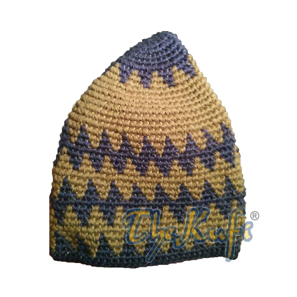 Hand-Crocheted Cotton Sturdy Dark Blue & Greenish Khaki Zigzag Kufi Hat
