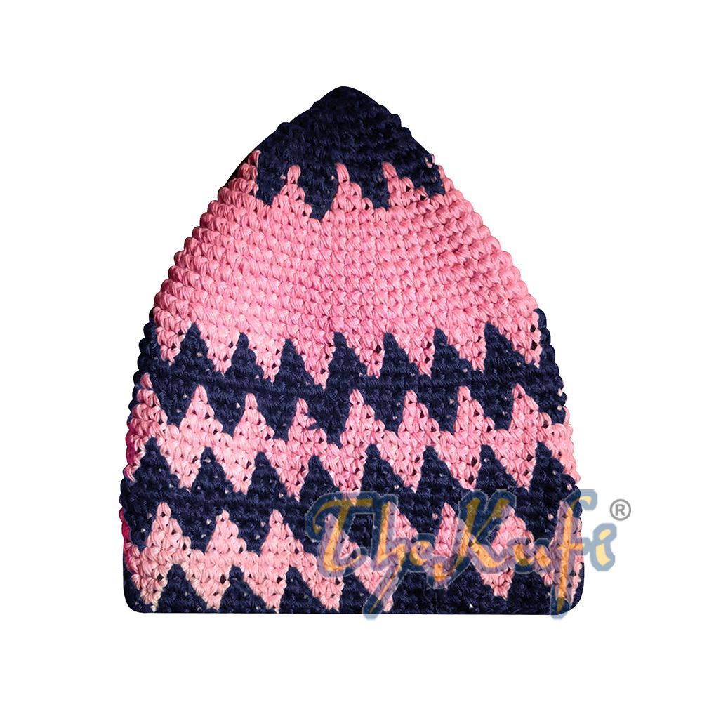 Hand-Crocheted Cotton Dark Blue Pale Pink Zigzag Design Comfortable Head Cover
