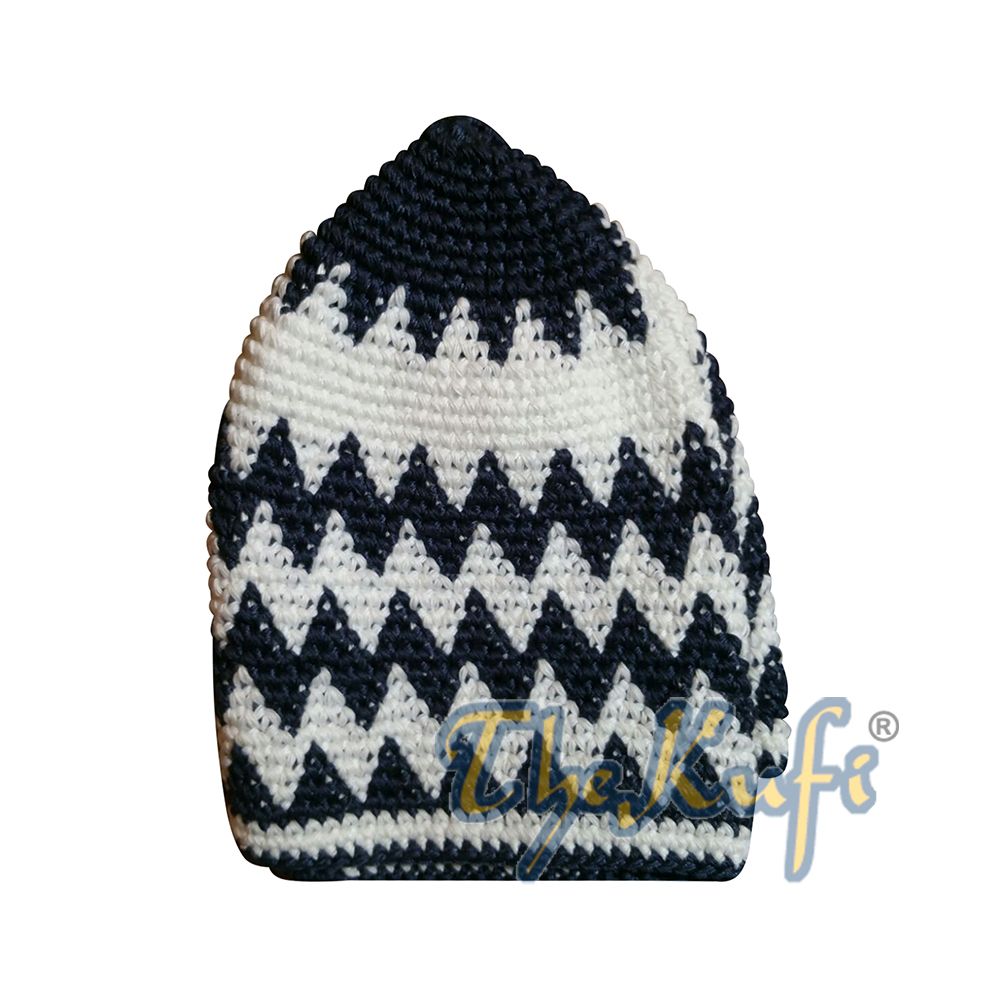 Hand-Crocheted Cotton Sturdy Dark Blue & White Zigzag Kufi Hat