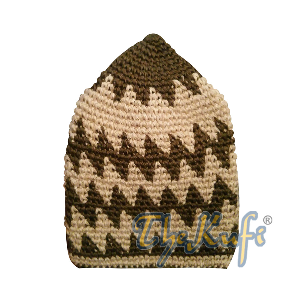 Topi Kufi Zigzag Warna Hijau Zaitun Tua dan Khaki Pudar yang Dirajut Tangan dari Katun