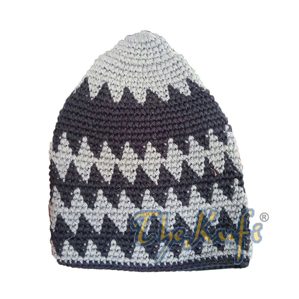 Topi Kufi Kelabu Gelap & Zigzag Indigo Dirajut Tangan
