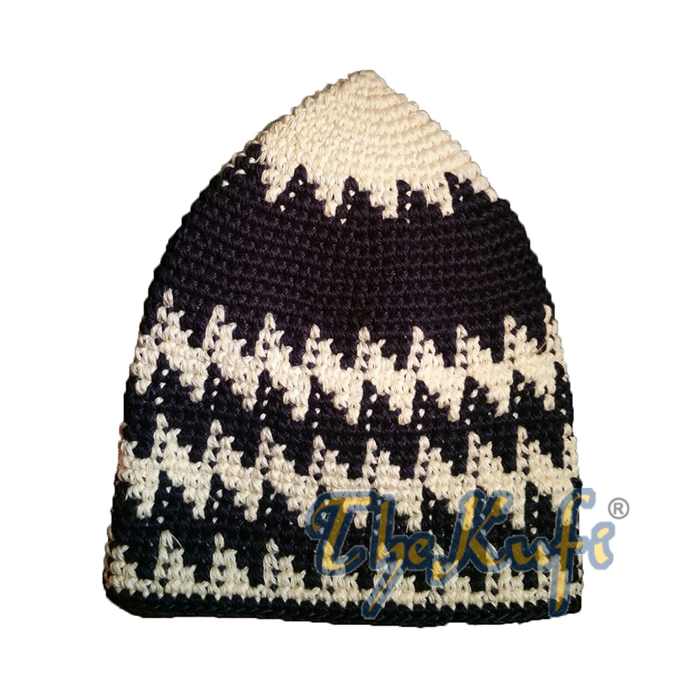 Krim Pudar Kokoh Katun rajutan tangan & Topi Kufi Zigzag Gigi Anjing Biru Tua