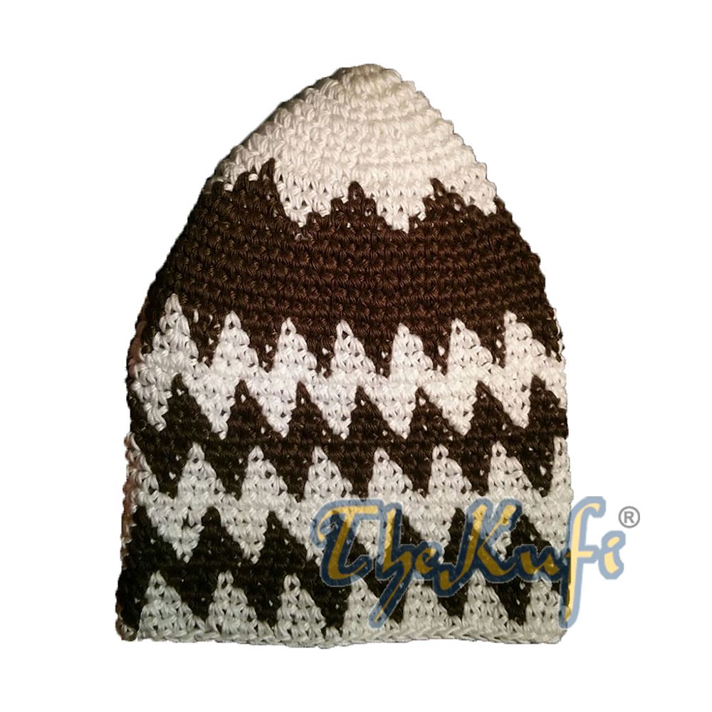 Hand-Crocheted Cotton Sturdy Off-White & Dark Brown Zigzag Kufi Hat