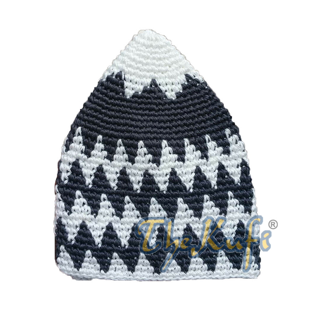 Topi Kufi Zigzag Katun Rajutan Tangan Kuat Warna Putih Pucat dan Abu-abu Tua