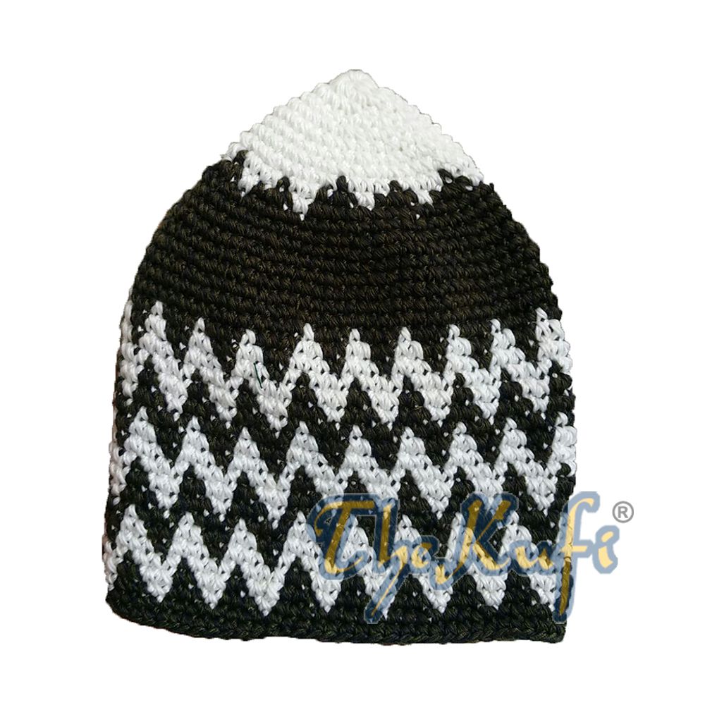 Hand-Crocheted Cotton Sturdy Off-White & Dark Green Forest Green Mix Zigzag Kufi Hat