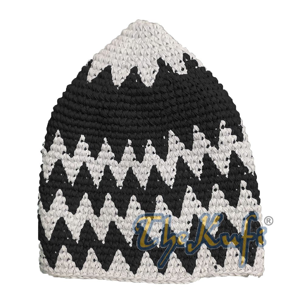 Hand-Crocheted Cotton Sturdy Off-White & Black Mix Zigzag Kufi Hat