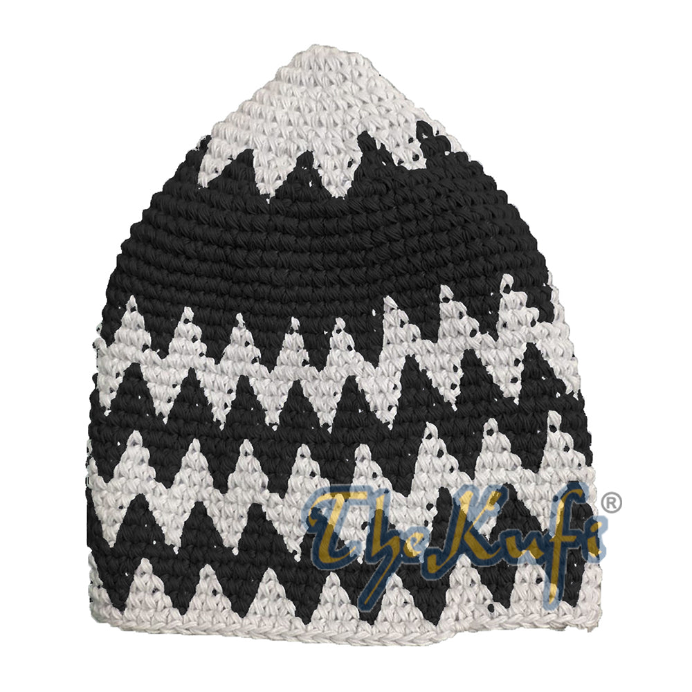 Topi Kufi Zigzag Campuran Putih & Hitam Kokoh Katun Rajutan Tangan