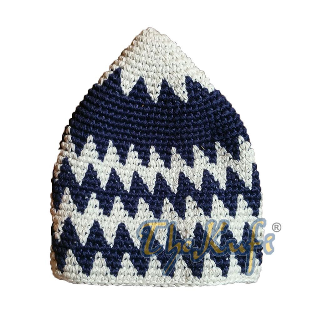 Hand-Crocheted Cotton Sturdy Off-White & Navy Blue Zigzag Kufi Hat