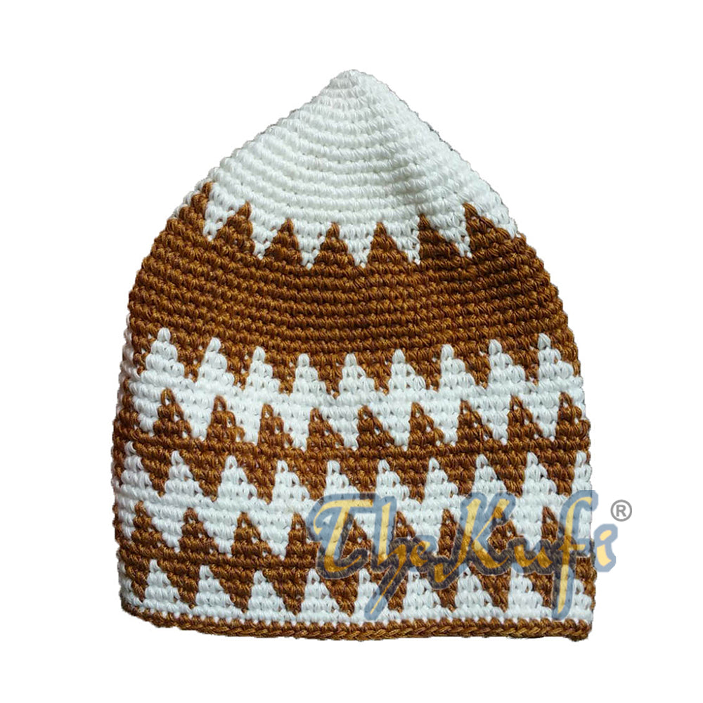 Topi Kufi Zigzag Coklat Karat Kaitan Tangan Kukuh Putih & Karat