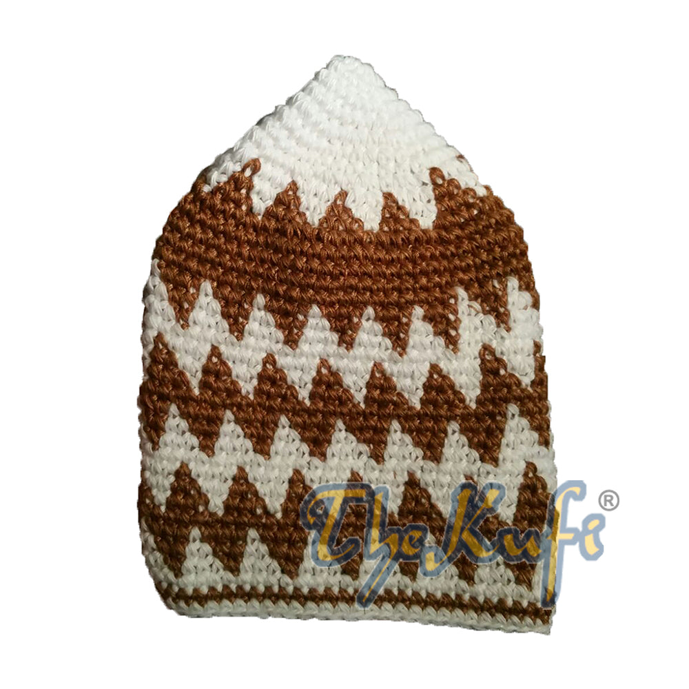 Topi Kufi Zigzag Katun Kokoh Putih & Karat Rajutan Tangan