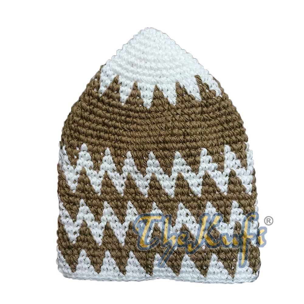 Hand-Crocheted Cotton Sturdy Off-White & Olive Green Brown Mix Zigzag Kufi Hat