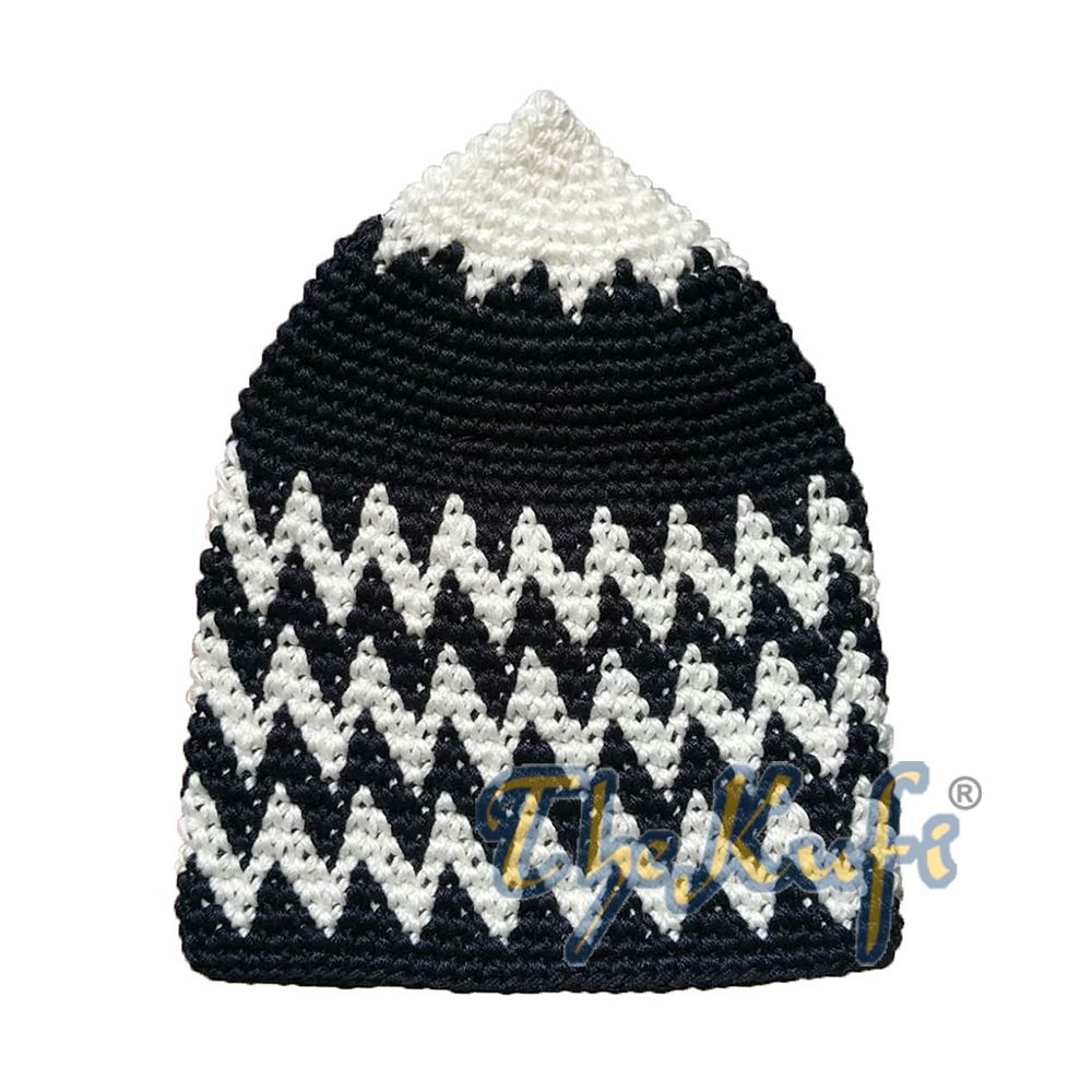 Hand-Crocheted Cotton Sturdy Off-White & White Black Mix Zigzag Kufi Hat