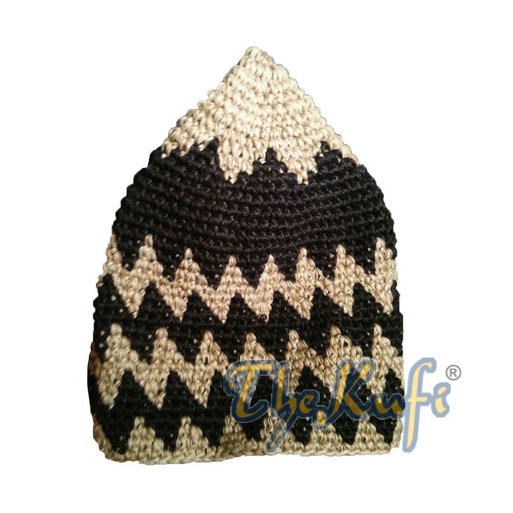 Hand-Crocheted Cotton Sturdy Faded Khaki & Black Zigzag Kufi Hat