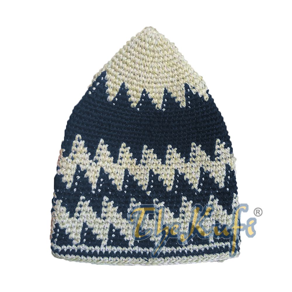 Hand-Crocheted Cotton Sturdy Faded Khaki & Blue Zigzag Kufi Hat