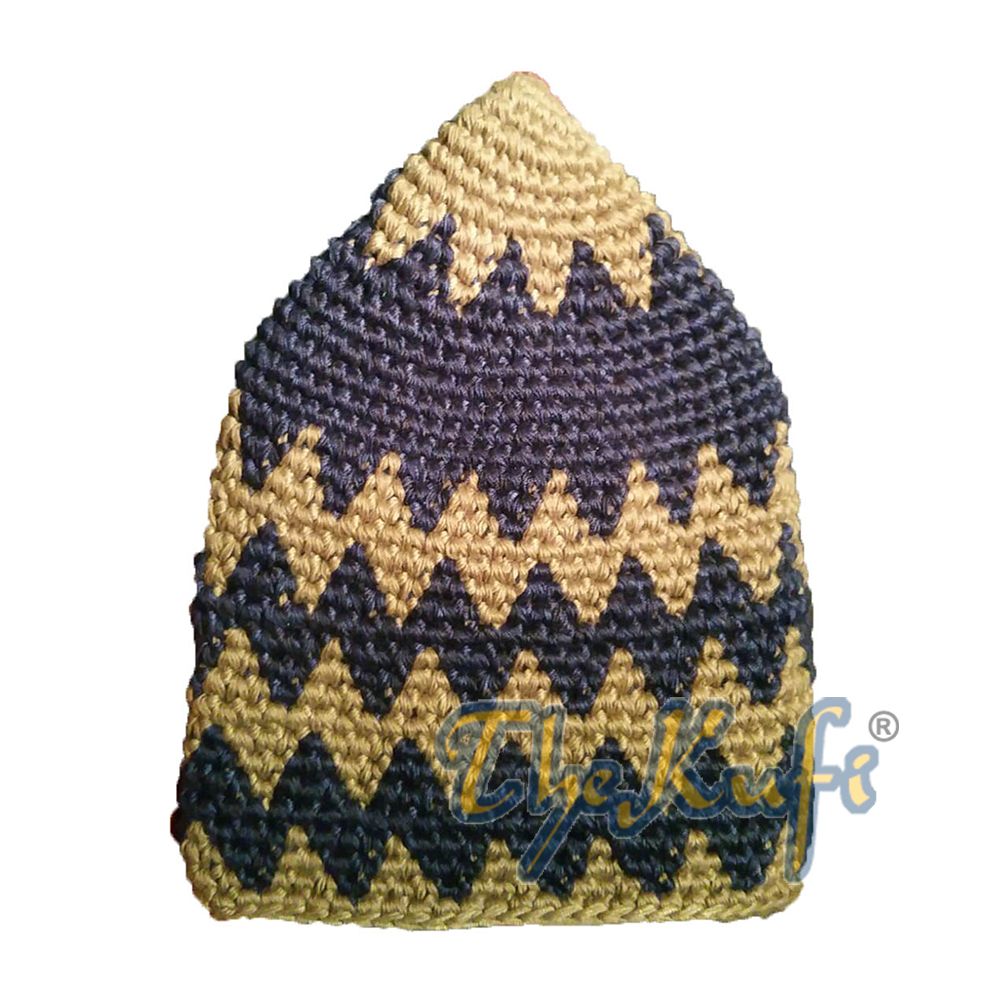 Hand-Crocheted Cotton Sturdy Faded Khaki & Dark Blue Zigzag Kufi Hat