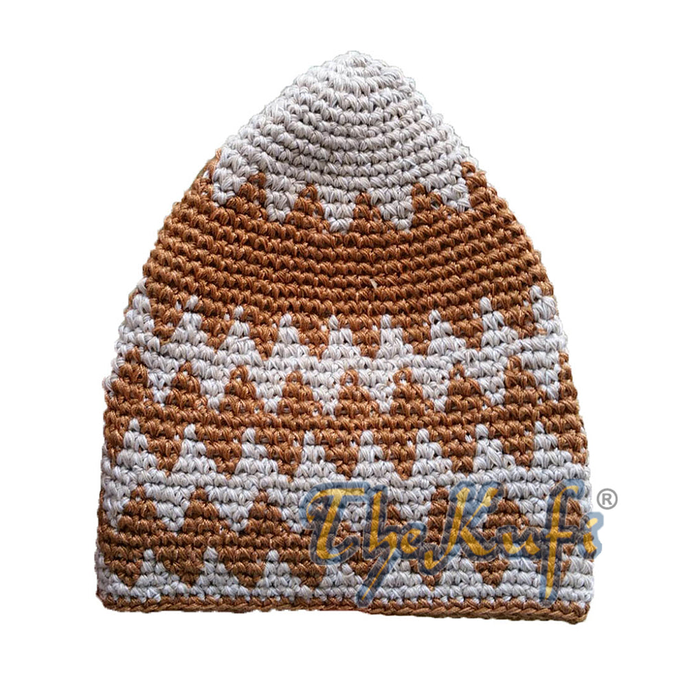 Khaki Pudar Kokoh Katun Rajutan Tangan & Topi Kufi Zigzag Coklat Karat Pudar