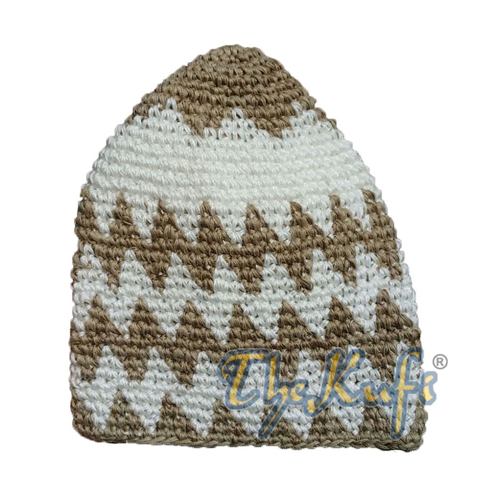 Hand-Crocheted Cotton Sturdy Faded Brown & Off-White Zigzag Kufi Hat