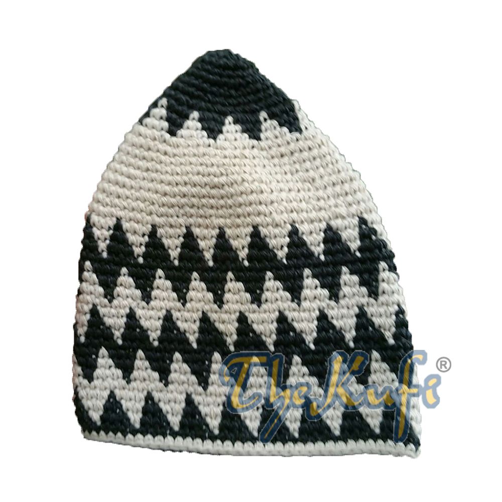 Hand-Crocheted Cotton Sturdy Green Indigo & Khaki Zigzag Kufi Hat