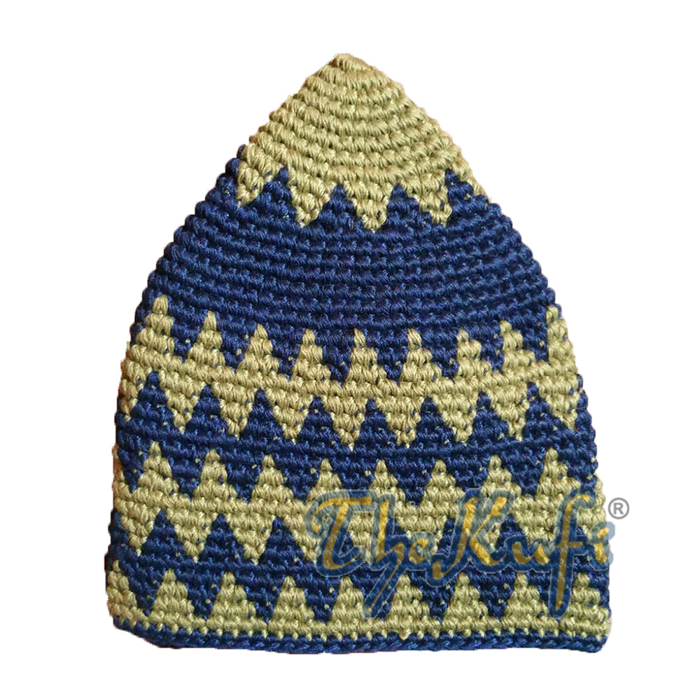 Topi Kufi Zigzag Warna Khaki Hijau Keemasan dan Biru Tua dari Katun Rajutan Tangan