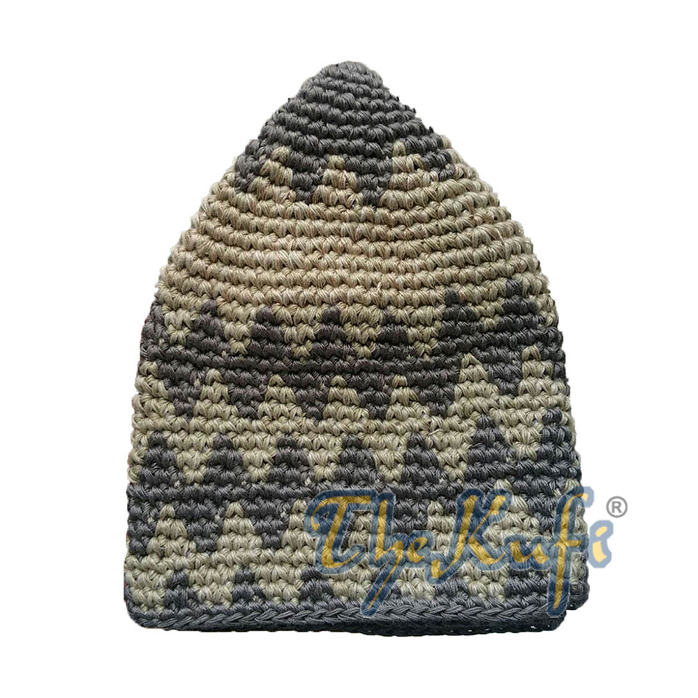 Topi Kufi Zigzag Khaki & Khaki Hijau Kokoh dari Katun Rajutan Tangan