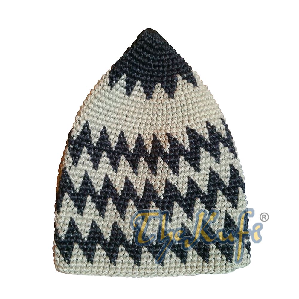 Kids Hand Crocheted Cotton Indigo Gray & Light Khaki Zigzag Kufi Hat