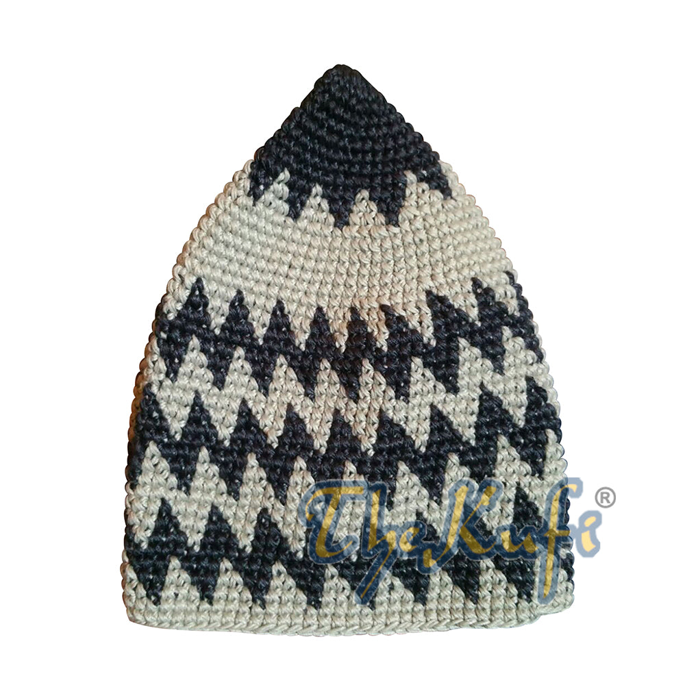 Topi Kufi Katun Rajutan Tangan Anak-anak Indigo Abu-abu & Khaki Muda Zigzag