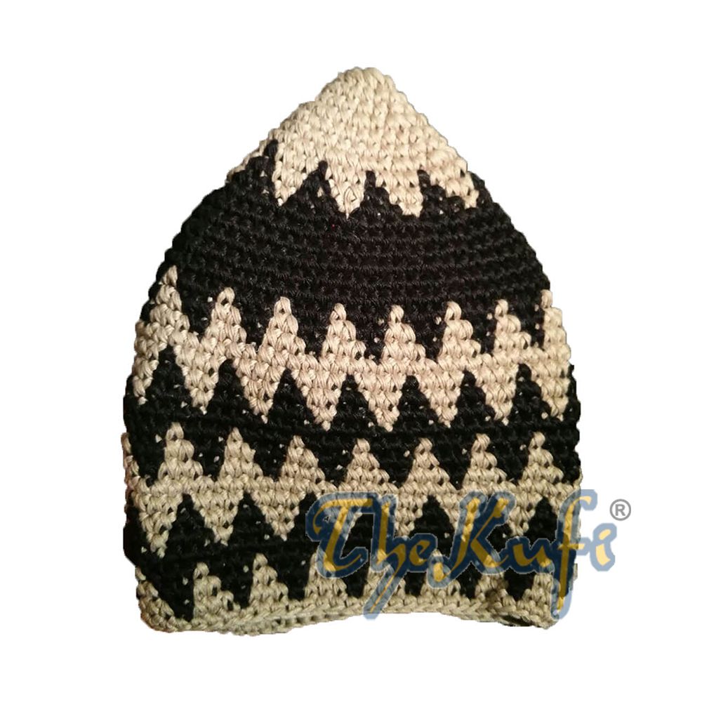 Hand-Crocheted Cotton Sturdy Khaki & Black Zigzag Kufi Hat
