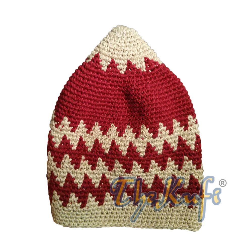 Hand-Crocheted Cotton Sturdy Khaki & Dark Red Zigzag Kufi Hat