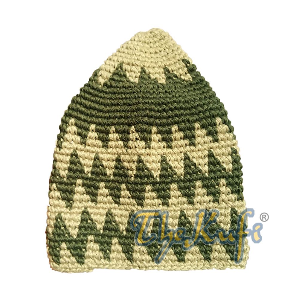 Hand-Crocheted Cotton Sturdy Khaki & Dark Forest Green Zigzag Kufi Hat