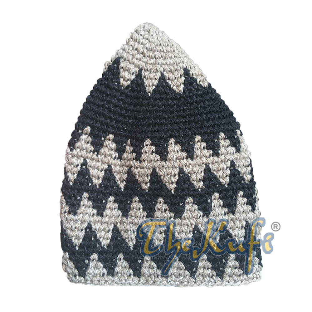 Topi Kufi Zigzag Katun Kokoh & Campuran Hitam Rajutan Tangan