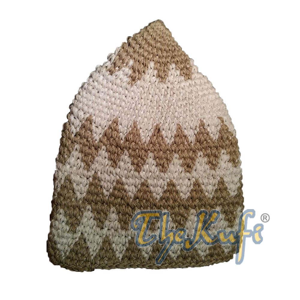 Hand-Crocheted Cotton Sturdy Khaki & Latte Zigzag Kufi Hat