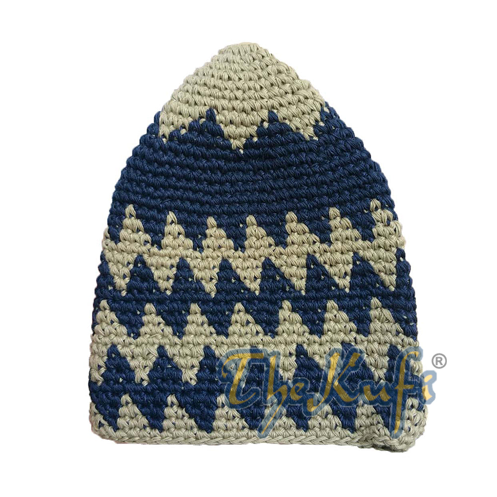 Khaki Kuat Kapas Kaitan Tangan & Topi Kufi Zigzag Biru Tua