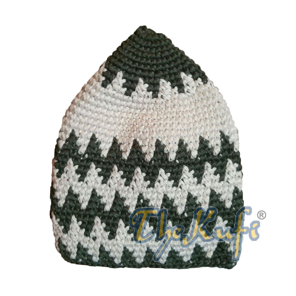 Kids Hand Crocheted Cotton Light Army Green & Cream Zigzag Kufi Hat