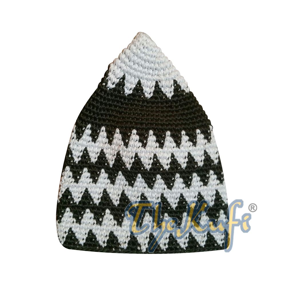 Kids Hand Crocheted Cotton Light Khaki & Dark Forest Green Zigzag Kufi Hat