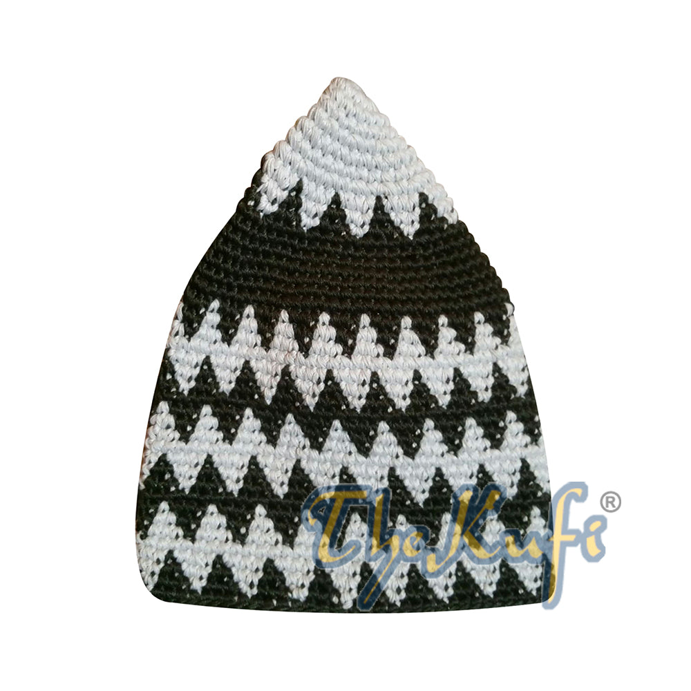 Topi Kufi Zigzag Hijau Hutan Gelap & Khaki Muda Katun Rajutan Tangan Anak-anak