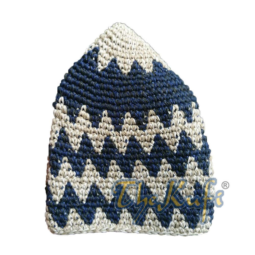 Hand-Crocheted Cotton Sturdy Off-White Light Brown & Dark Blue Mix Zigzag Kufi Hat