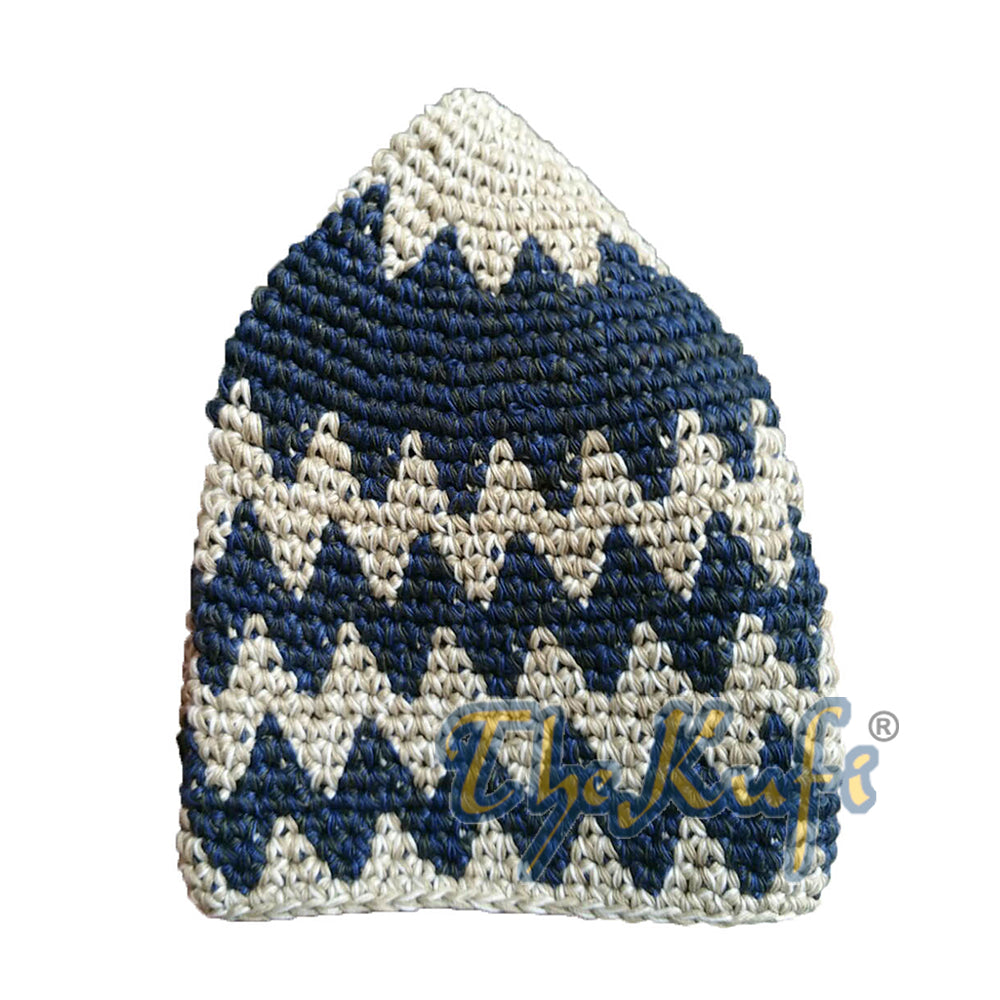 Topi Kufi Zigzag Campuran Coklat Muda & Biru Tua Kokoh Katun Rajutan Tangan