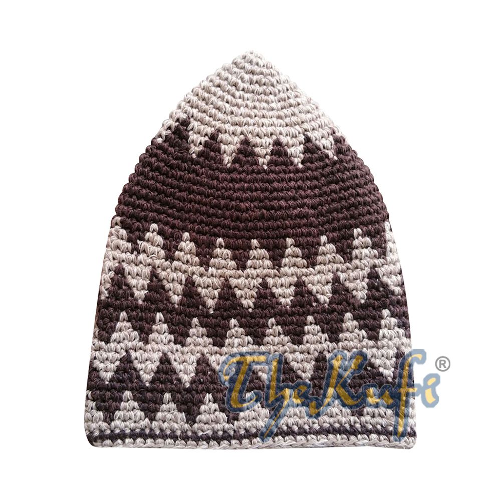 Hand-Crocheted Cotton Sturdy Light Brown & Faded Dark Brown Zigzag Kufi Hat