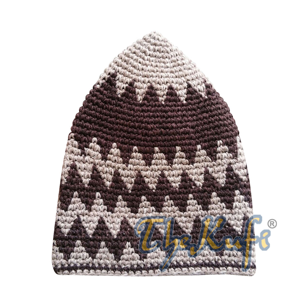 Topi Kufi Zigzag Coklat Muda Kokoh Katun Rajutan Tangan & Topi Kufi Coklat Tua Pudar