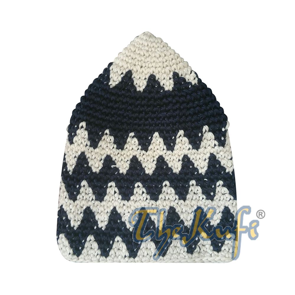 Hand-Crocheted Cotton Sturdy Latte & Dark Blue Zigzag Kufi Hat