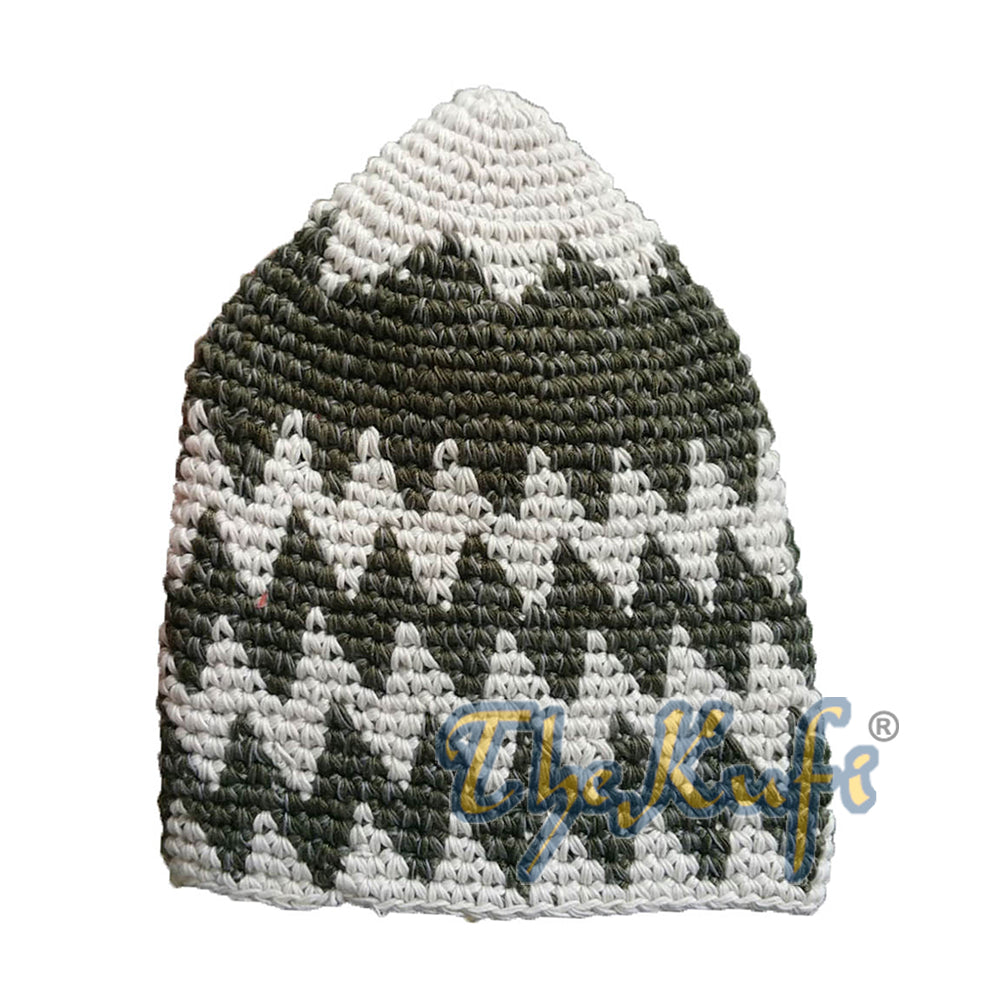 Topi Kufi Zigzag Katun Latte Kokoh & Hijau Hutan Pudar Rajutan Tangan