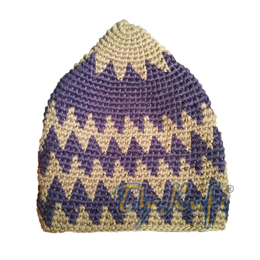 Hand-Crocheted Cotton Sturdy Light Gray & Dark Blue Zigzag Kufi Hat