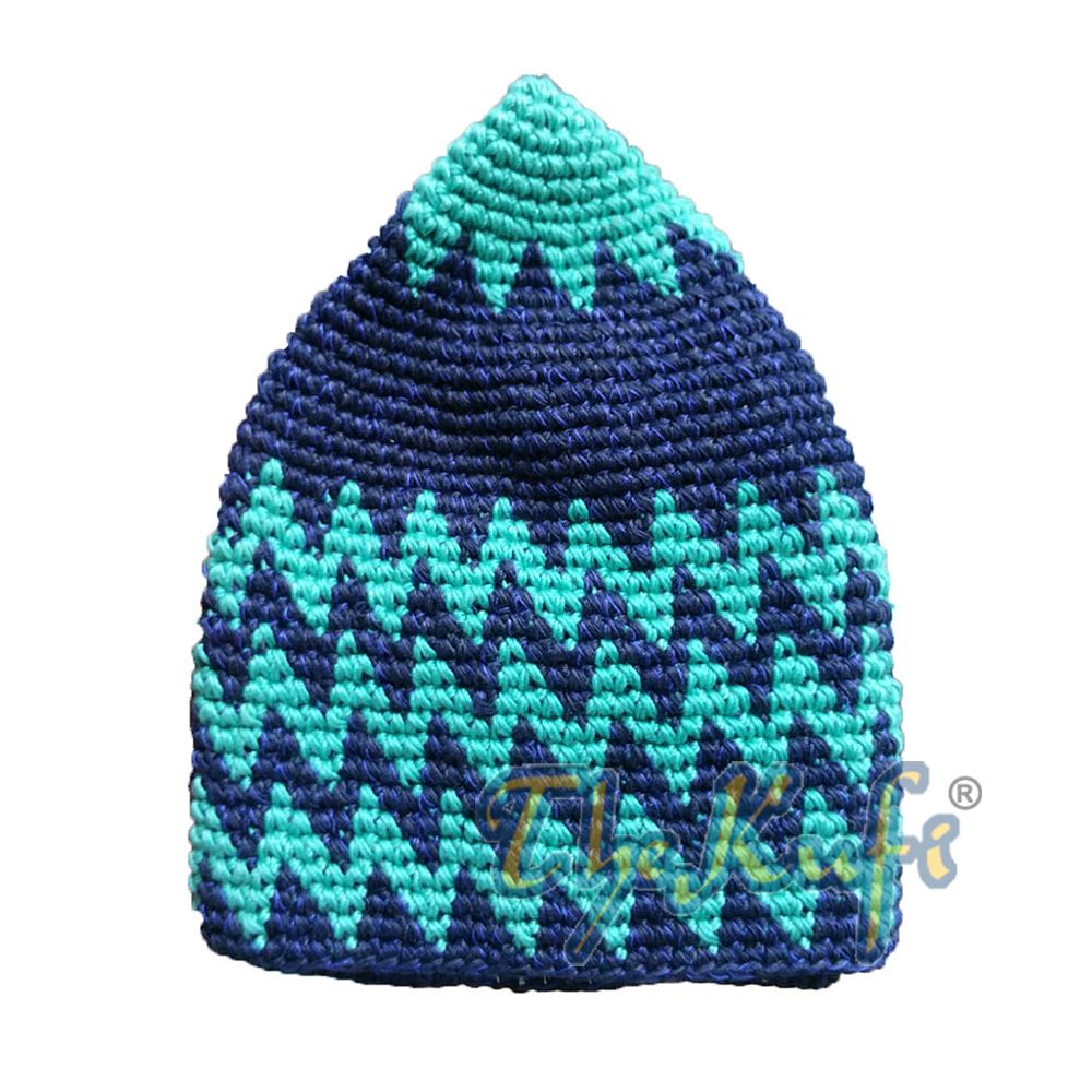 Hand-Crocheted Cotton Sturdy Mint Green & Dark Blue Mix Zigzag Kufi Hat
