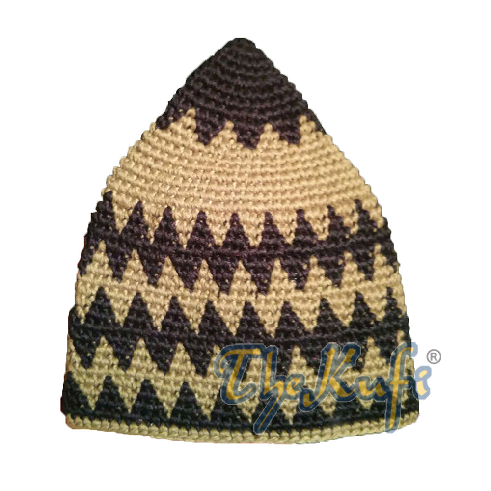 Topi Kufi Zigzag Katun Rajutan Tangan Warna Indigo Kuat dan Khaki Kehijauan