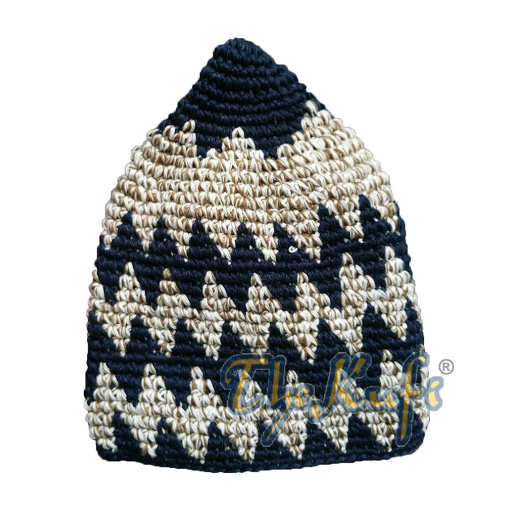 Hand-Crocheted Cotton Sturdy Indigo Blue & Khaki Mix Zigzag Kufi Hat