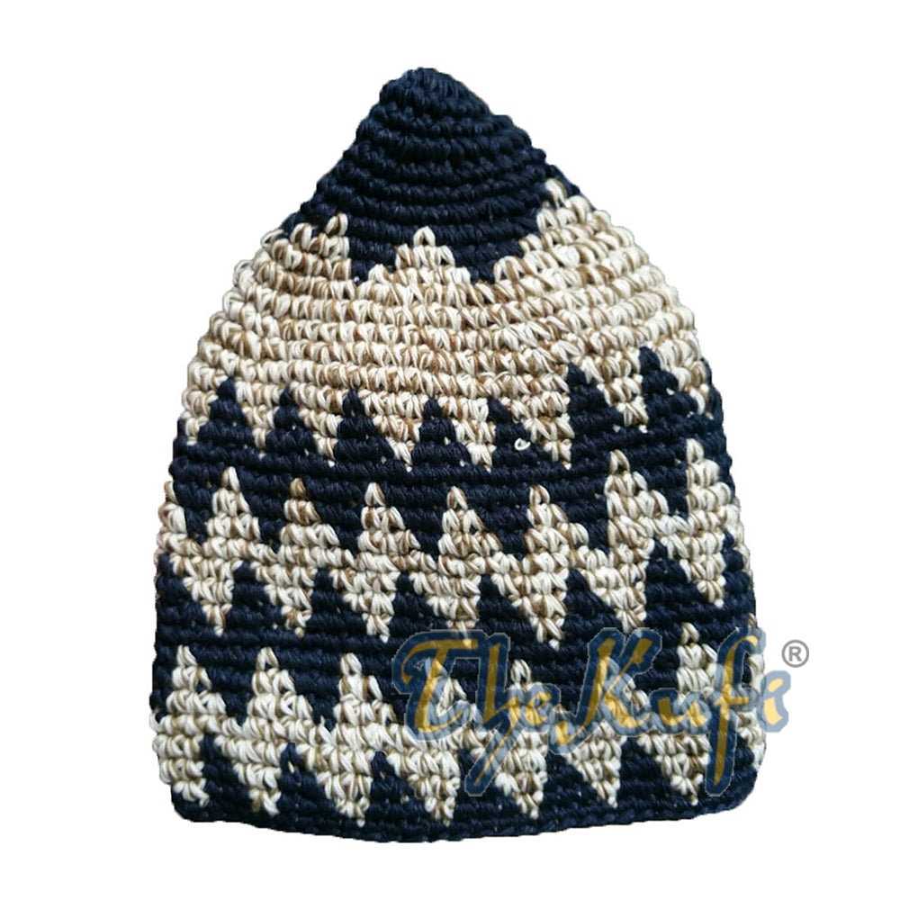 Topi Kufi Zigzag Campuran Indigo Biru & Khaki Katun Rajutan Tangan