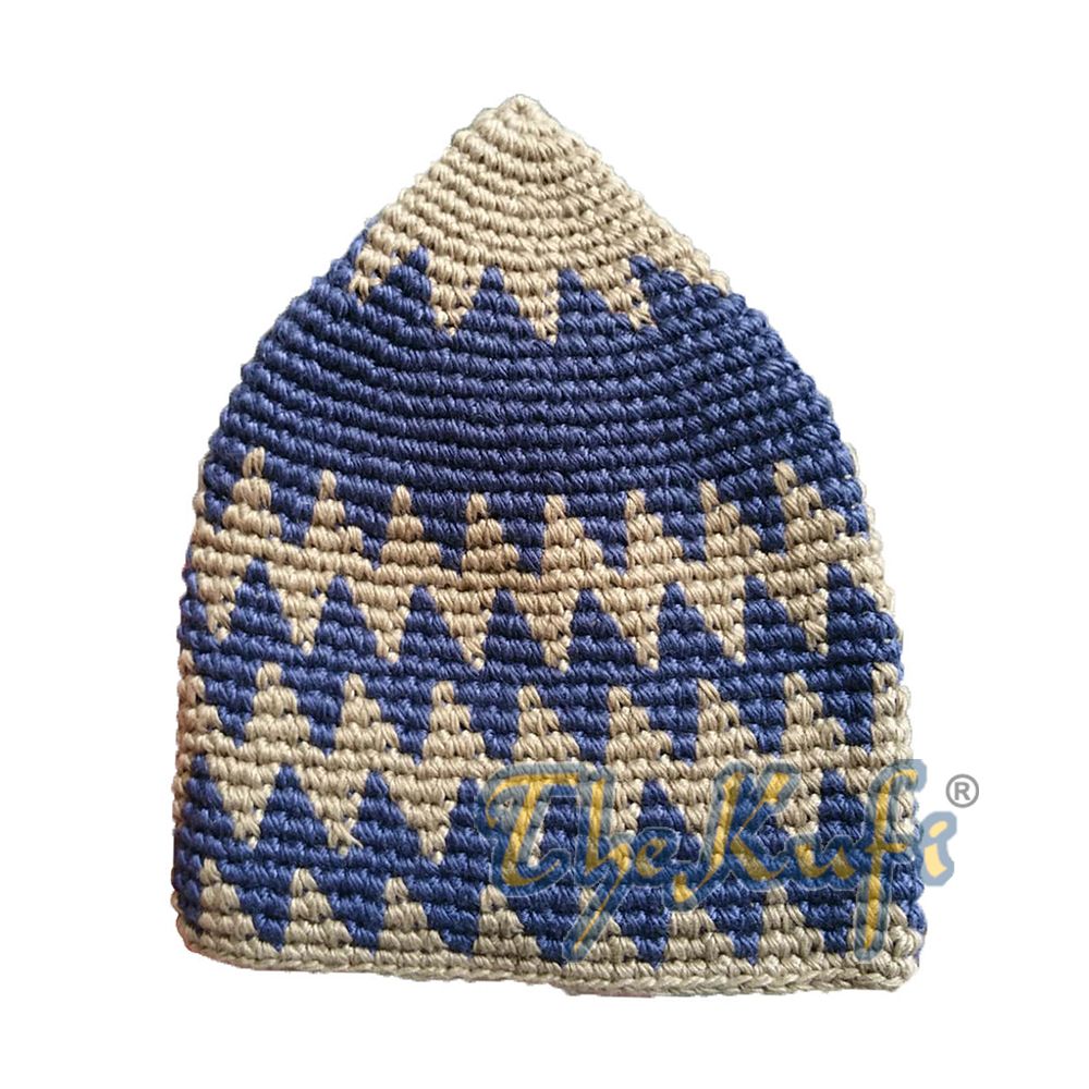 Hand-Crocheted Cotton Sturdy Dark Brownish Khaki & Dark Blue Zigzag Kufi Hat
