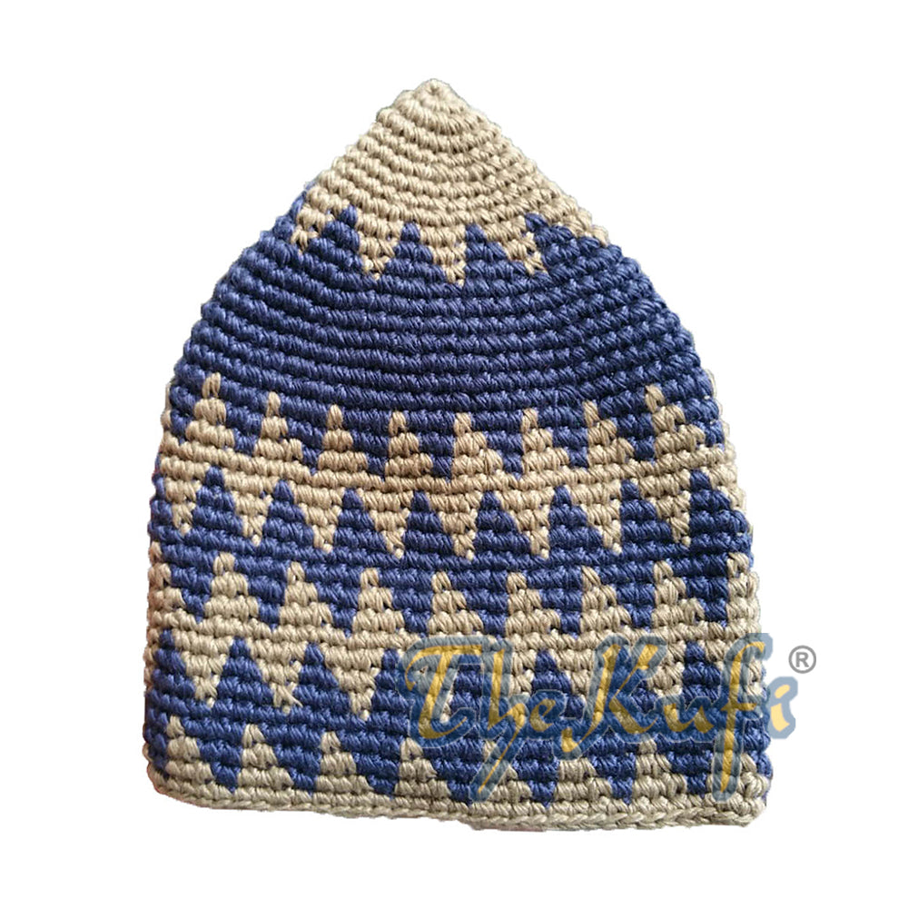 Khaki Coklat Tua Kokoh Katun Rajutan Tangan & Topi Kufi Zigzag Biru Tua