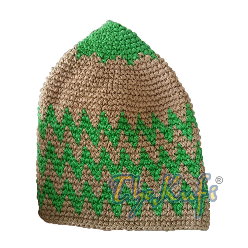 Topi Kufi Zigzag Warna Hijau Pastel dan Khaki dari Katun Rajutan Tangan